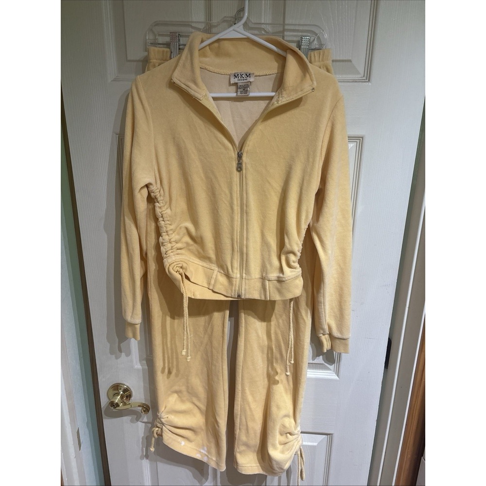 MKM Designs 2pc Velour Tracksuit Size Medium Yellow Shirred Sides Legs Coquette